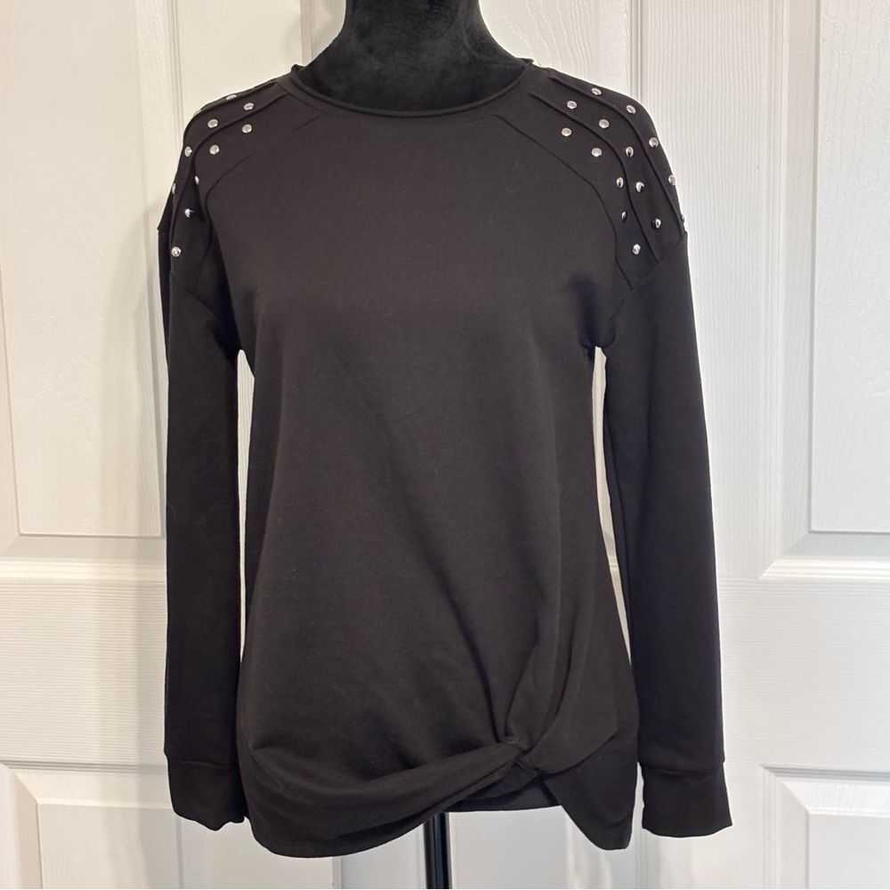 Rock & Republic Women’s Black Studded Twist Knot Hem Sweatshirt Top Size Small